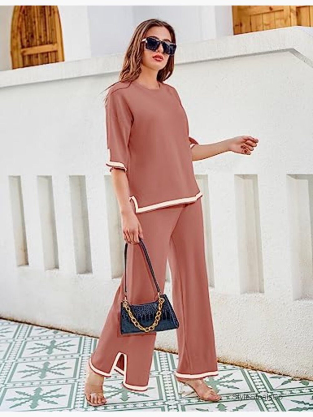 2 Piece Lounge Sets Short Sleeve Knit Pullover Tops Wide Leg Pants - Picture 4 of 7